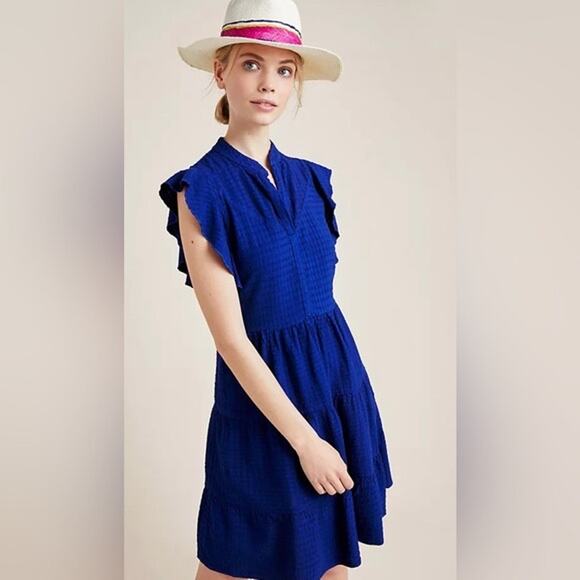 Amadi by Anthropologie Blue Tiered Ruffle Dress Small | Made in USA - Picture 1 of 6